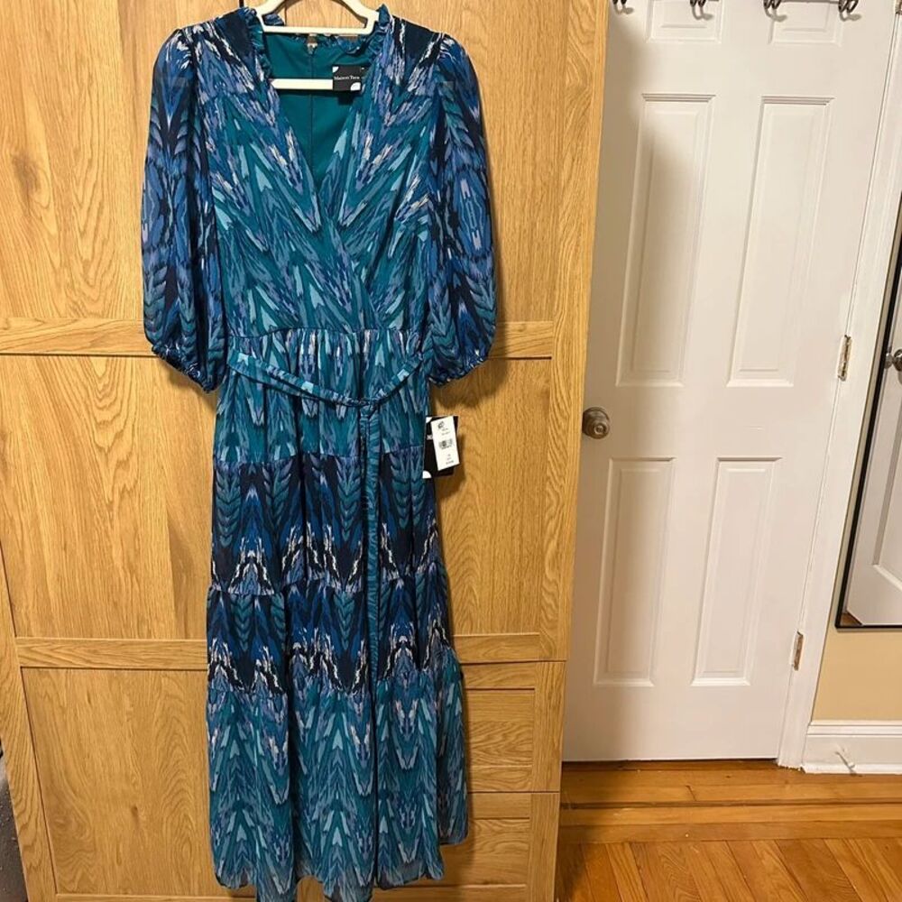 Maison Tara Maxi Dress Size 12 Teal Blue Abstract Print Tiered Belted NWT